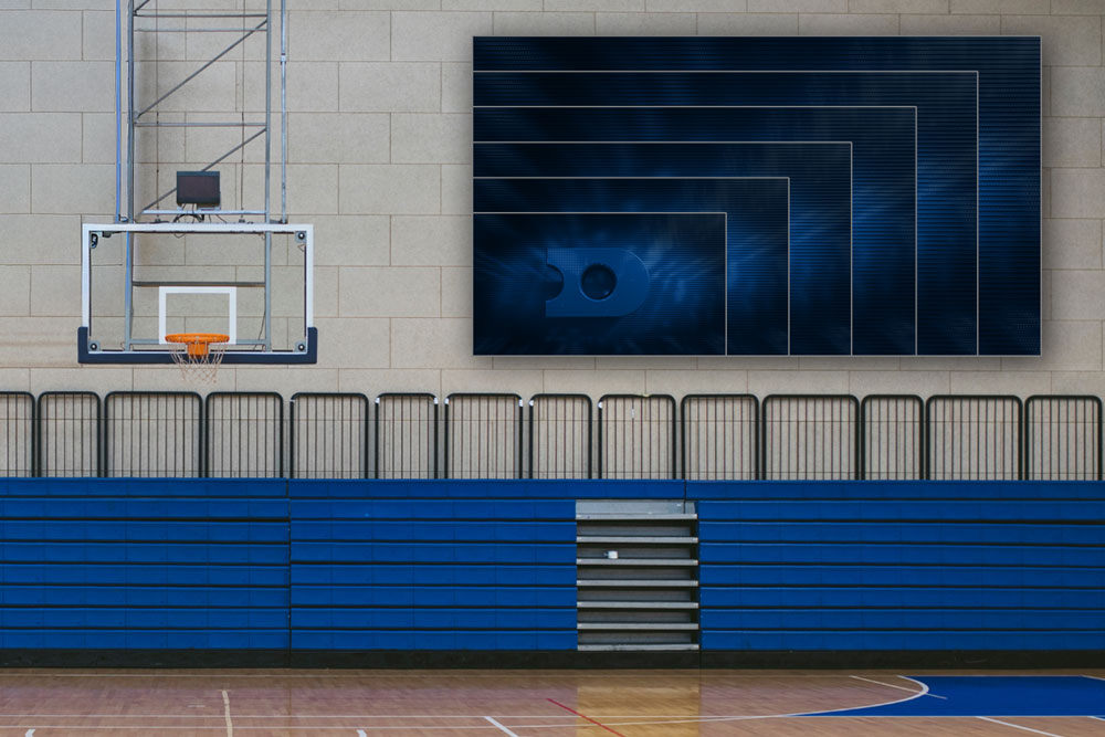rendering showing various display sizes in a high school gym
